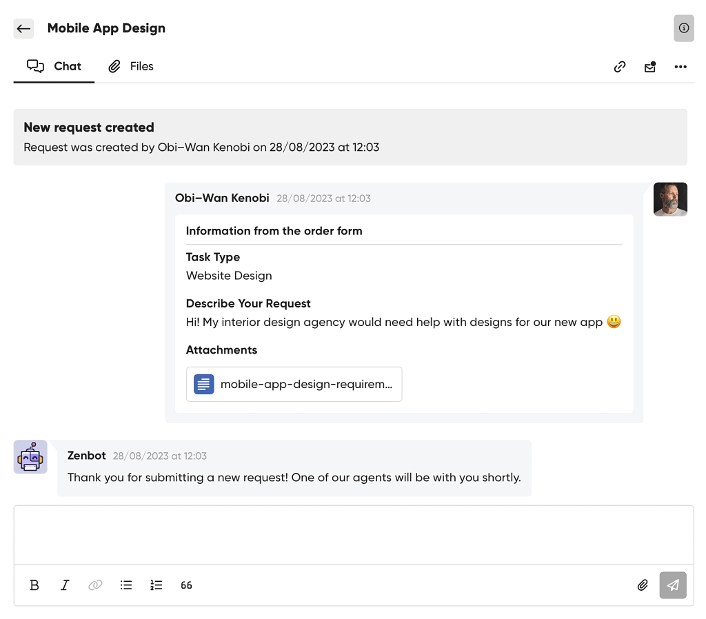 New request in a chat form in Zendo.