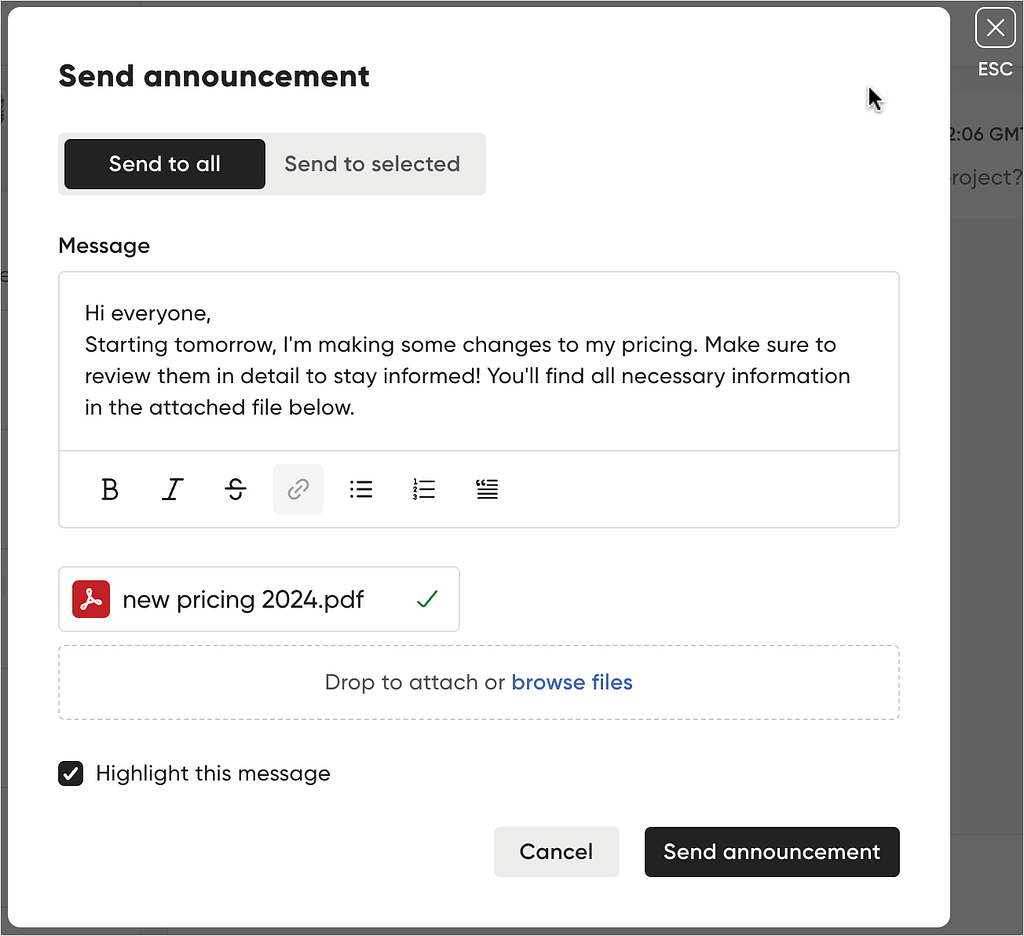 screenshot showing broadcast feature of messages