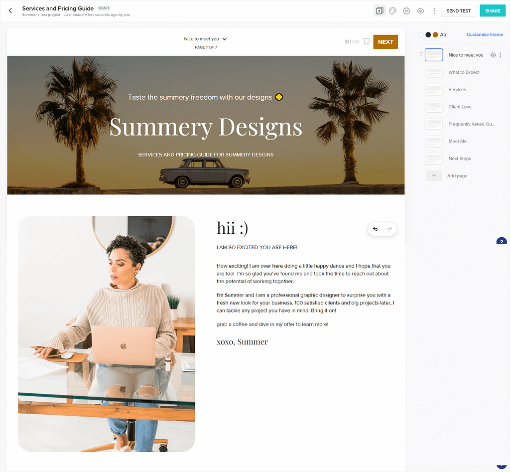 The process of creating an interactive offer in HoneyBook