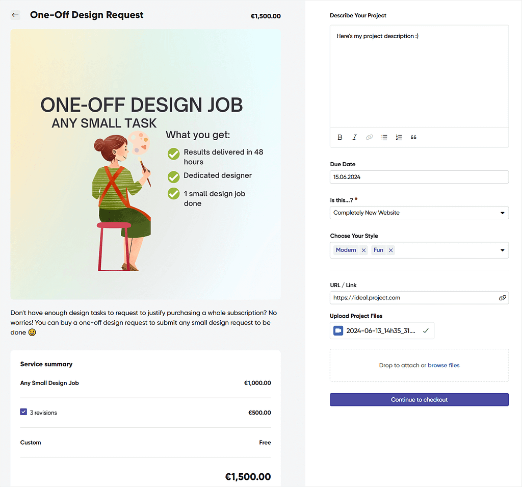 Example customizable checkout page in Zendo, covering an order form, service description, image, items, prices, add-ons, and more