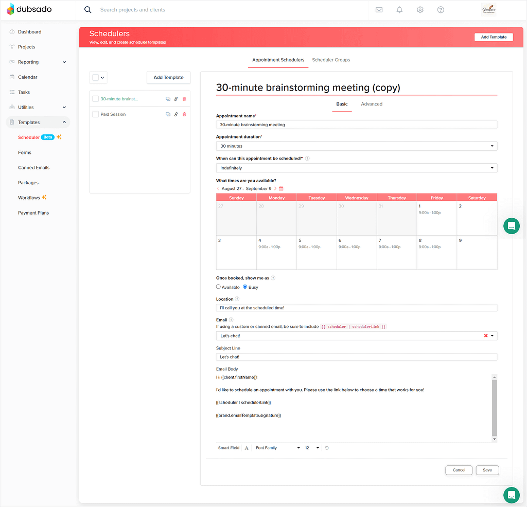 Dubsado's scheduling settings