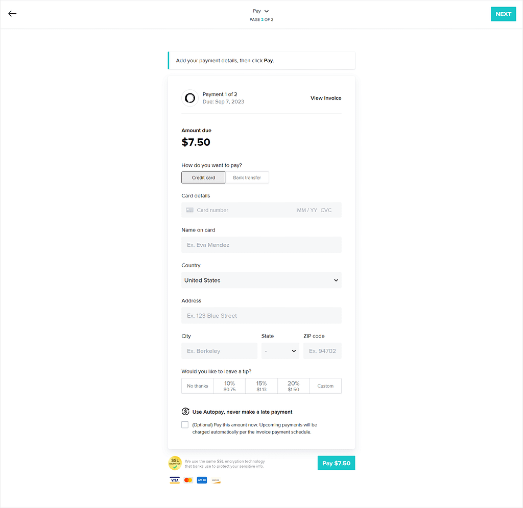 Screenshot of a HoneyBook invoice with a payment prompt.