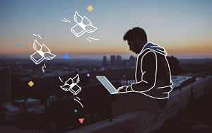 How to make money on fiverr header presenting a working freelancer on a rooftop with a city landscape at night.
