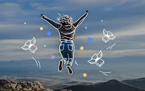 Header showing a jumping from joy woman with floating money around high in the mountains.