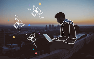 How to make money on fiverr header presenting a working freelancer on a rooftop with a city landscape at night.