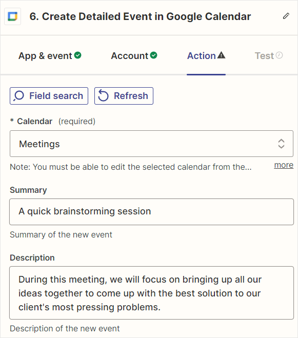 Options for Google Calendar in Zapier.