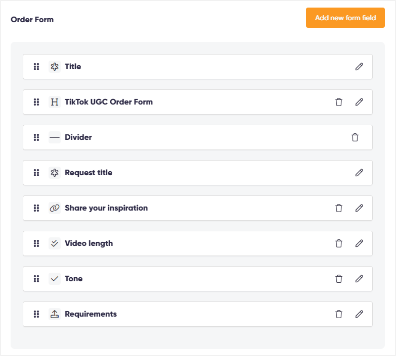 An example of a customizable order form in Zendo
