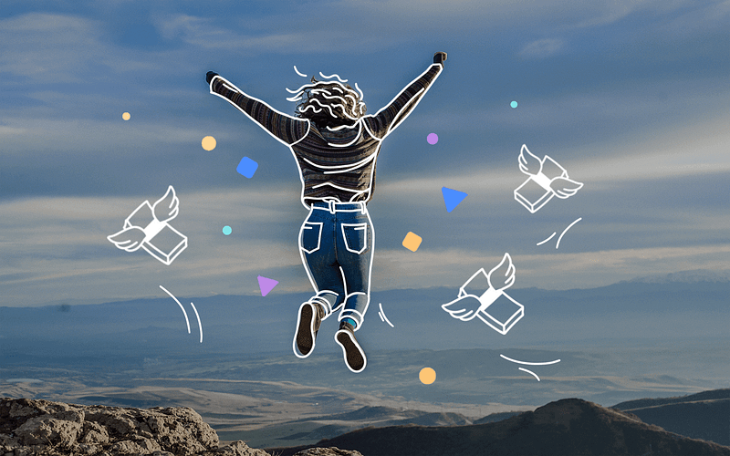 Header showing a jumping from joy woman with floating money around high in the mountains.