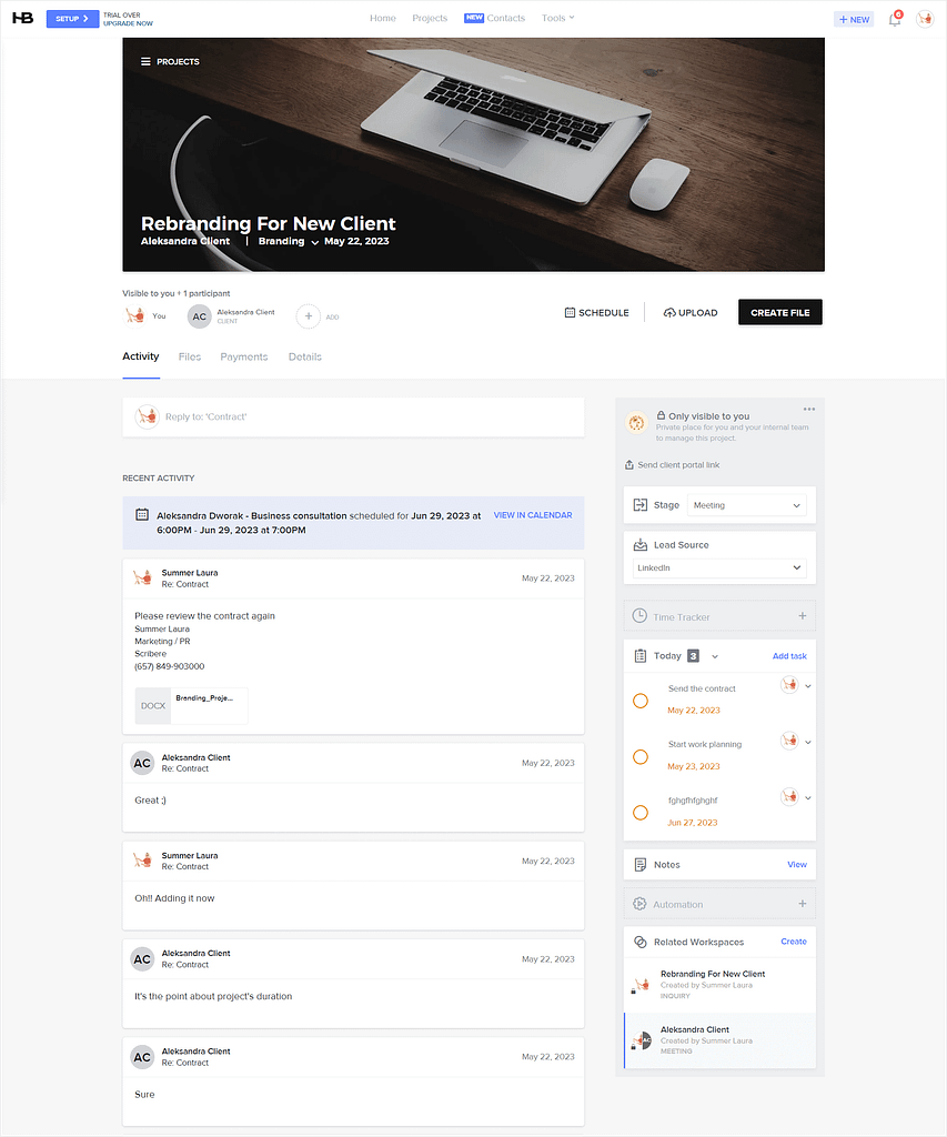 HoneyBook Client Portal: the activity tab