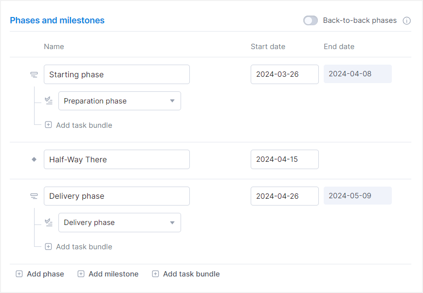 Phases & milestones in Scoro's projects