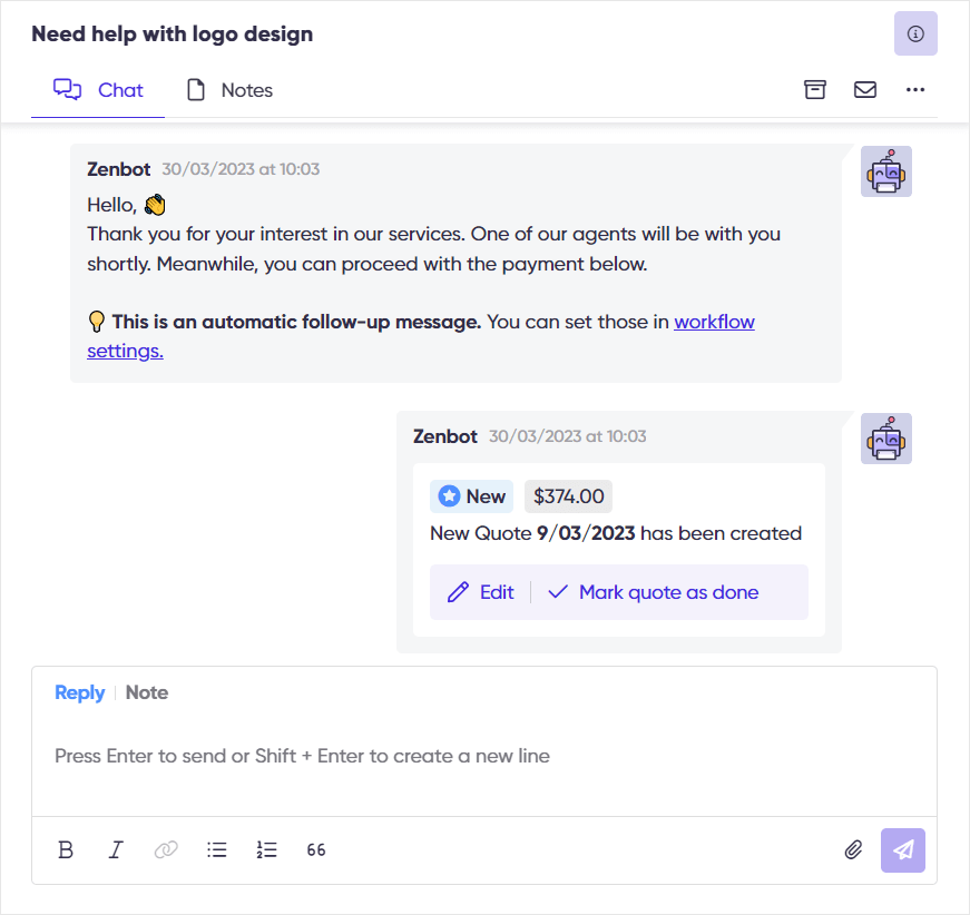 Screenshot of Zendo's zenbot in chat.
