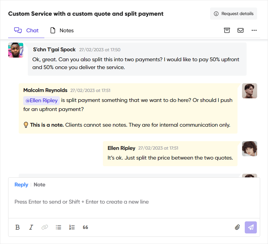 Agents exchanging internal notes in a conversation thread with a client.