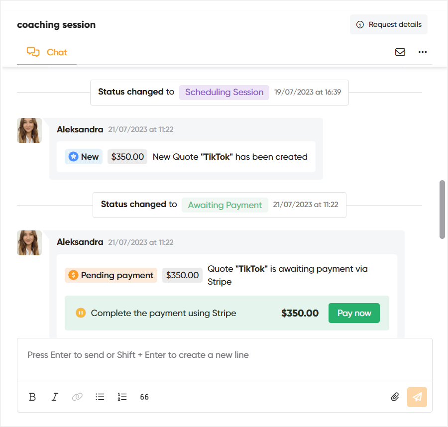 Pay now button in Zendo's real-time chat