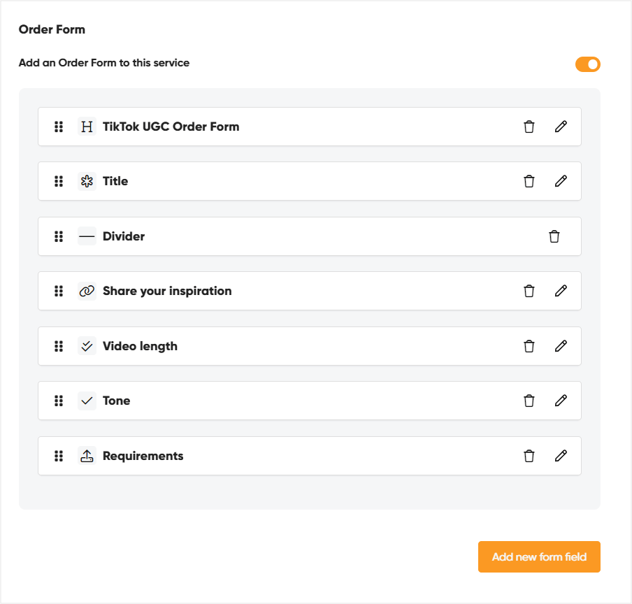 Example order form created in Zendo