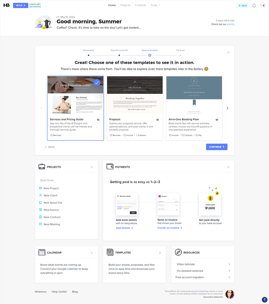 HoneyBook's onboarding experience