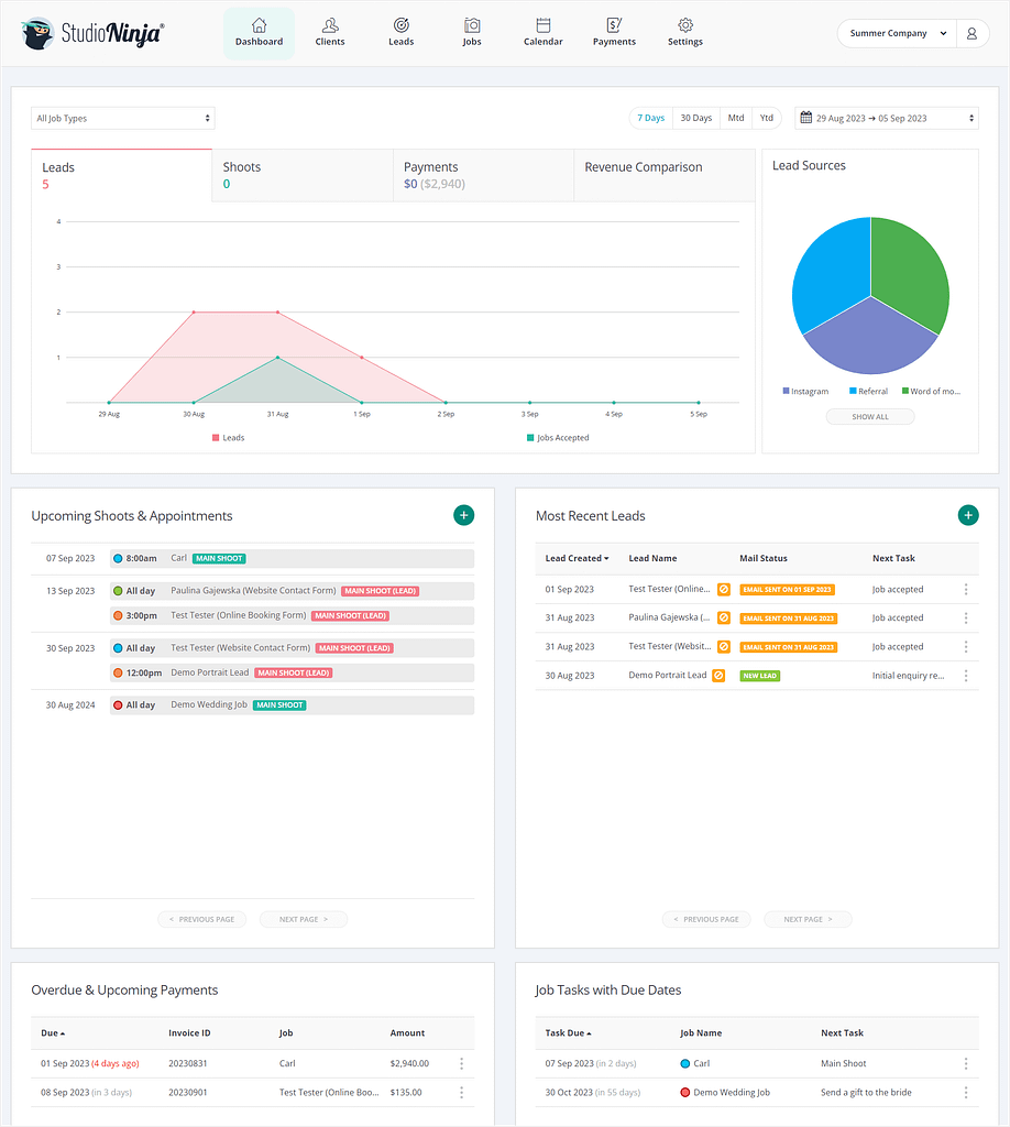 Studio Ninja vs Dubsado: Studio Ninja's dashboard