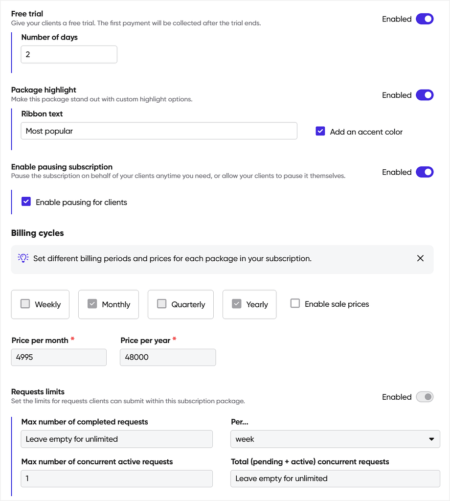 Subscription settings in Zendo, including a free trial, package highlight, subscription pauses, and more