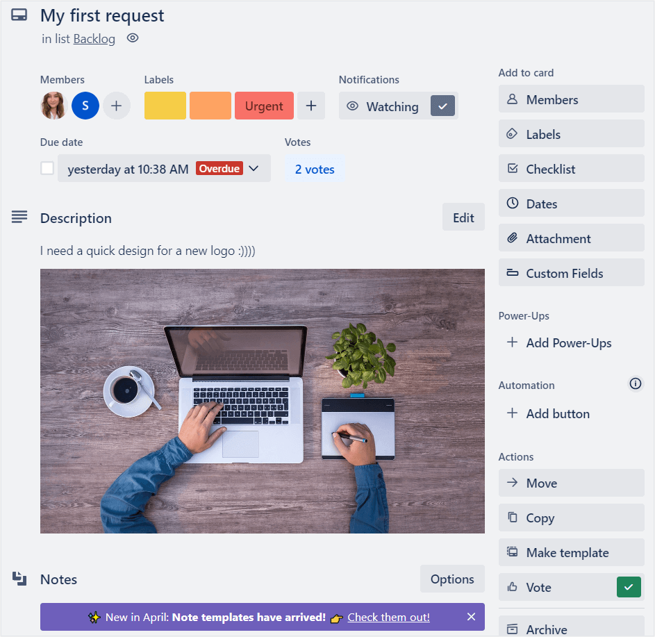 Example Trello card for submitting an a subscription request