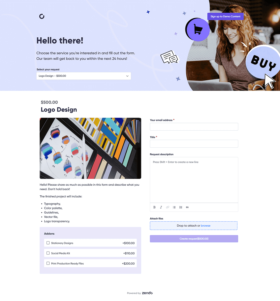 Screenshot of a productized service form on Zendo.