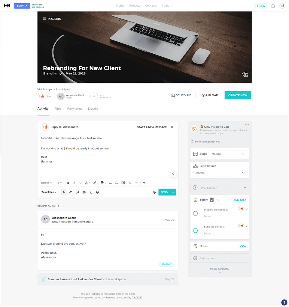 View of a specific project in HoneyBook