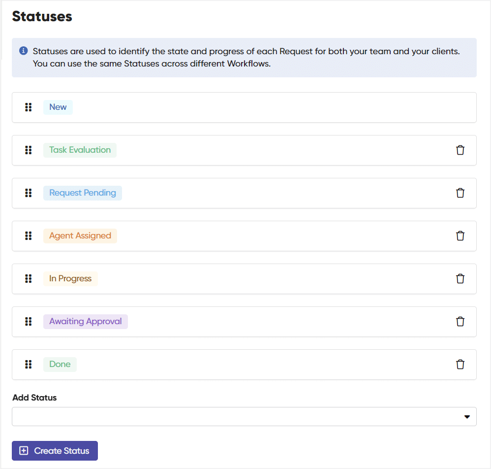 Creating custom statuses in Zendo's workflow settings