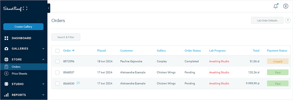 Screenshot of orders in ShootProof.