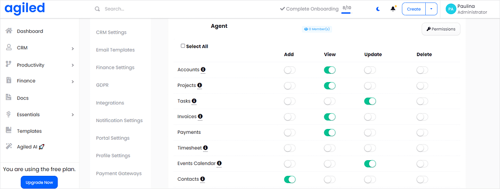 Screenshot of Agiled's role options.