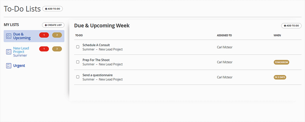 Example task lists in 17hats