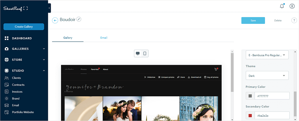 Screenshot of ShootProof's brand options.