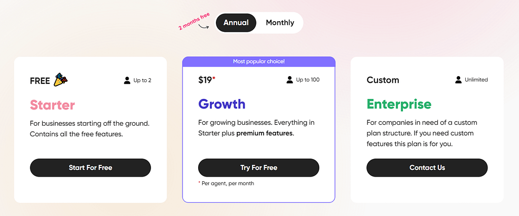 Screenshot of Zendo's pricing page with three subscription plans listed: Starter (for free, up to 2 agents), Growth (for $19 per agent per month, billed annually, up to 100 agents), and Enterprise (custom, unlimited agents).