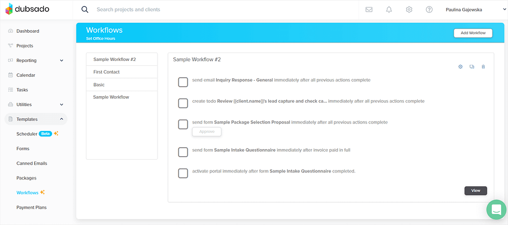 Screenshot of Dubsado's workflow.