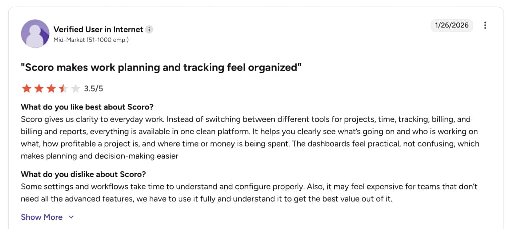 scoro difficult configuration mentioned in user review