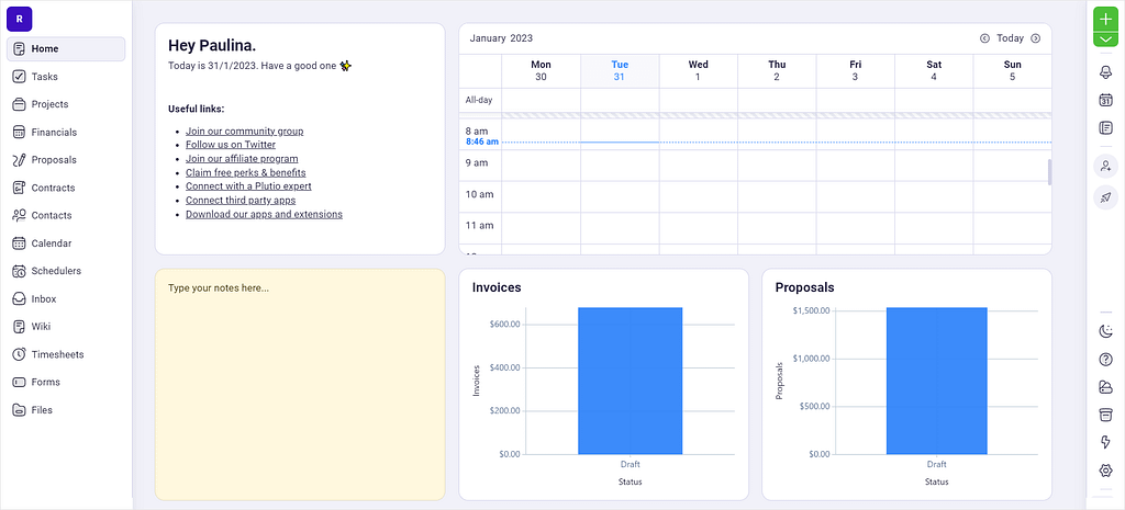 Screenshot of Plutio's dashboard.