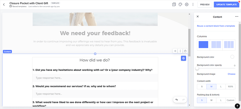 ShootProof vs HoneyBook: screenshot of HoneyBook's editor.