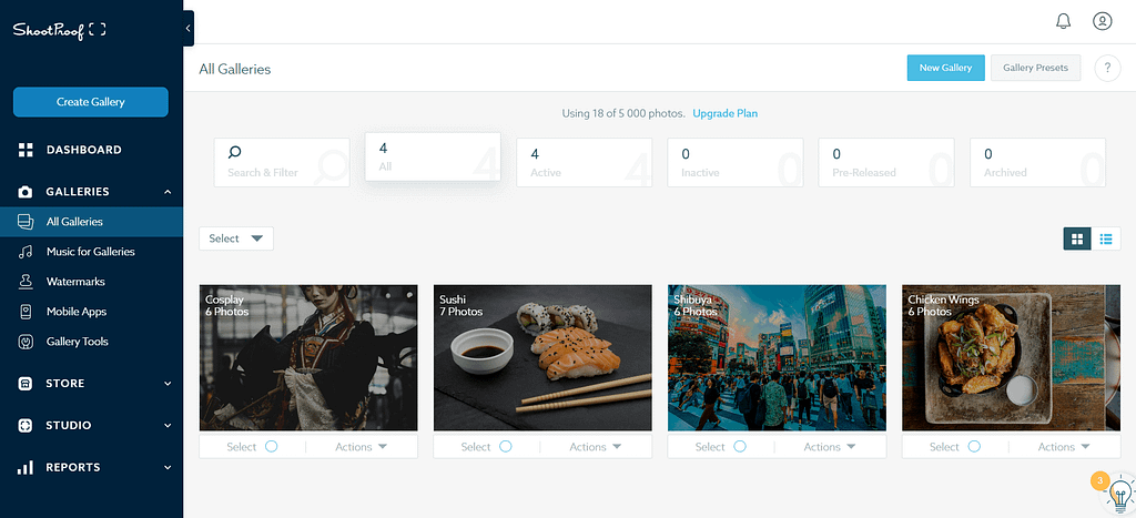 Screenshot of galleries in ShootProof.