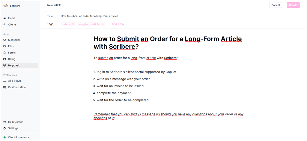 Creating a help center article in Copilot's client portal