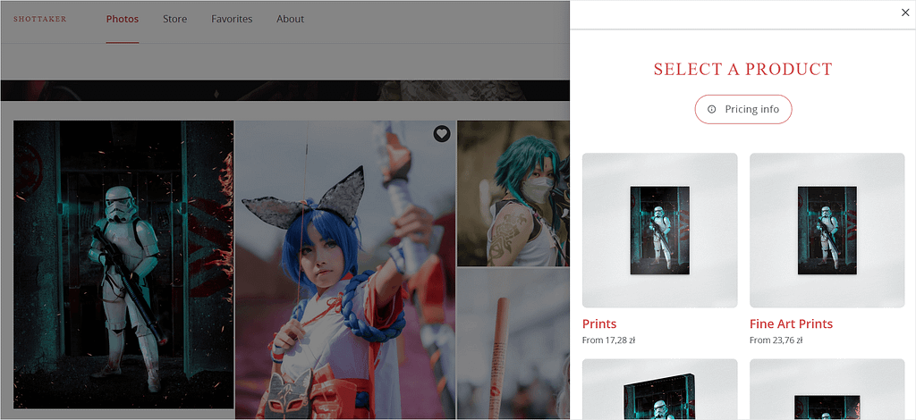 Screenshot of ShootProof's gallery store.