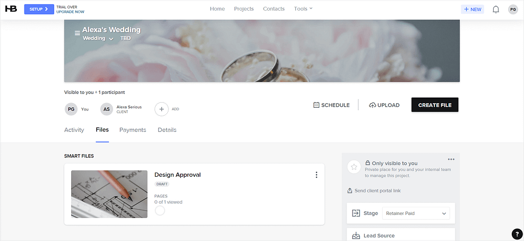 Screenshot of HoneyBook's project.