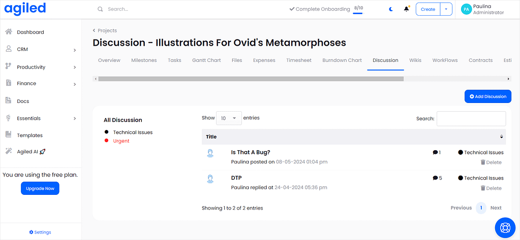 Screenshot of Agiled's discussion feature.