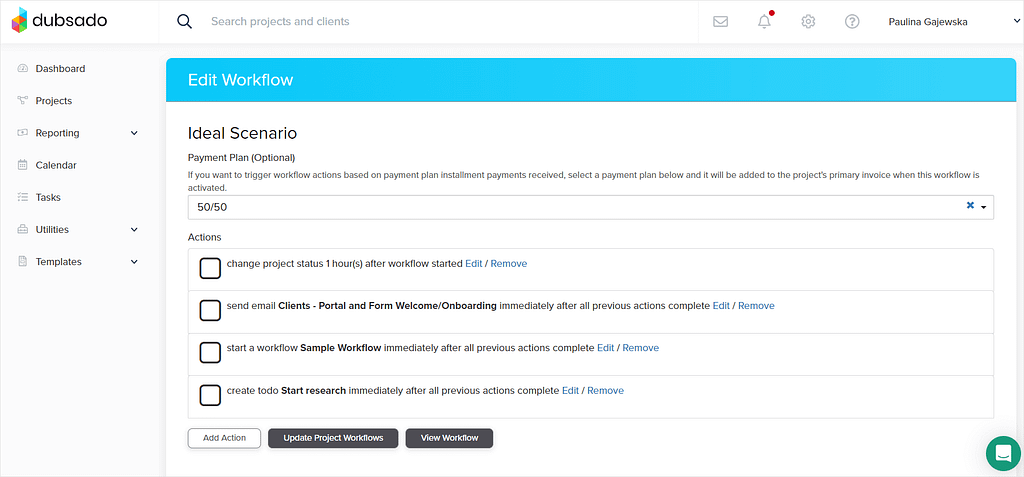 Screenshot of Dubsado Workflows.