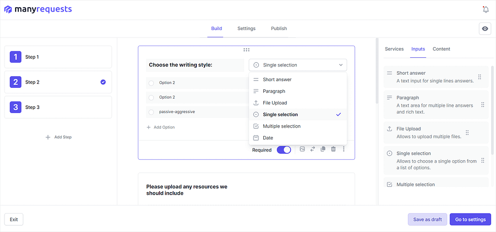 Screenshot of ManyRequests' Order Form.