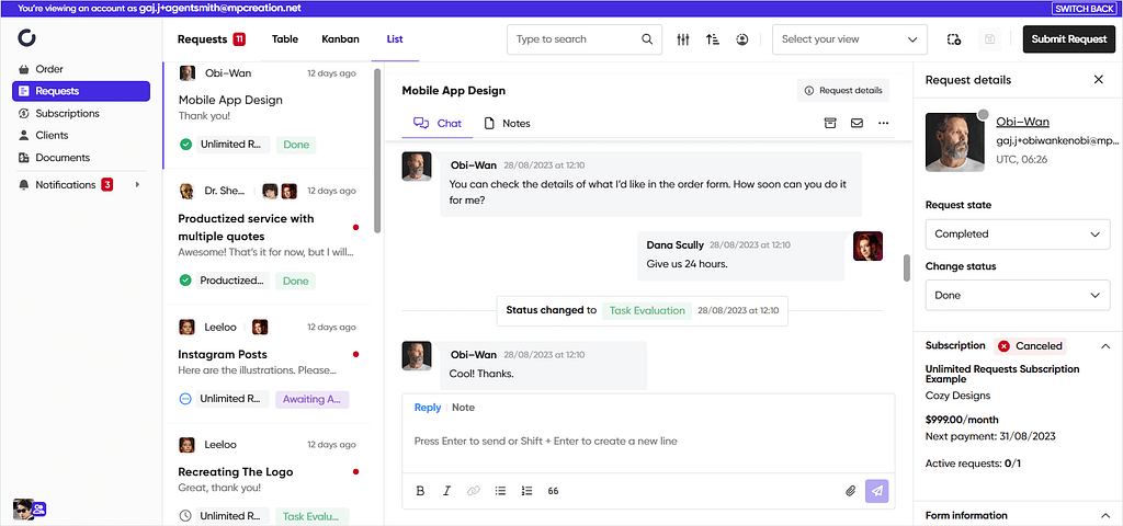 Screenshot of Zendo's impersonation feature.