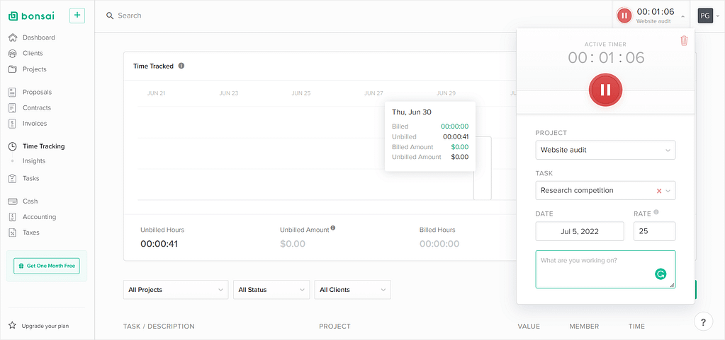 Screenshot of Bonsai's time tracker.