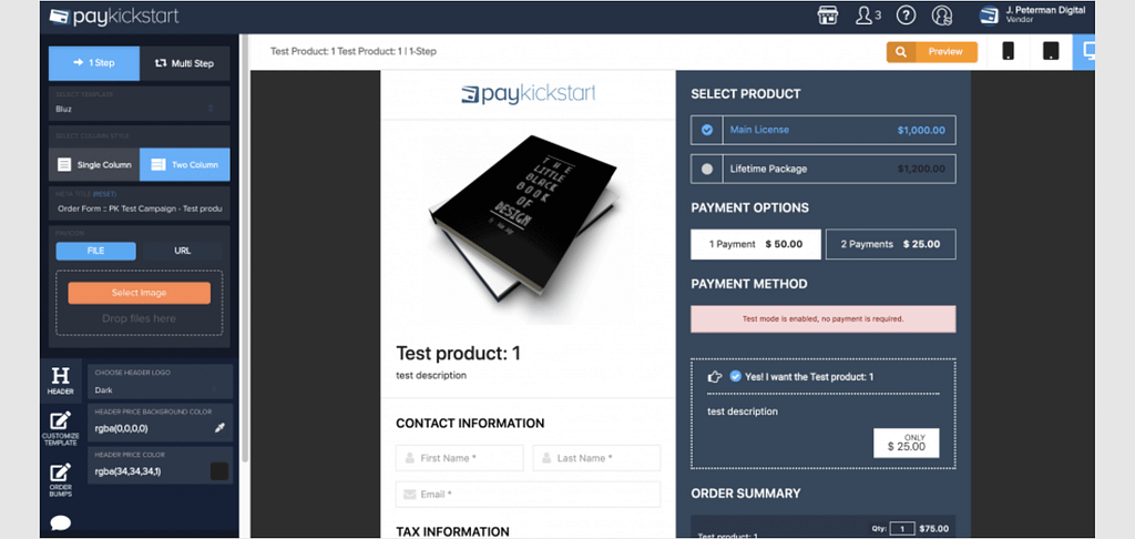 paykickstart review image showing customizable checkout pages screenshot