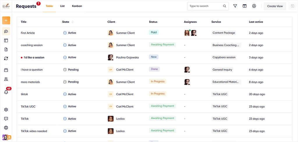 Requests and orders in table view — Zendo