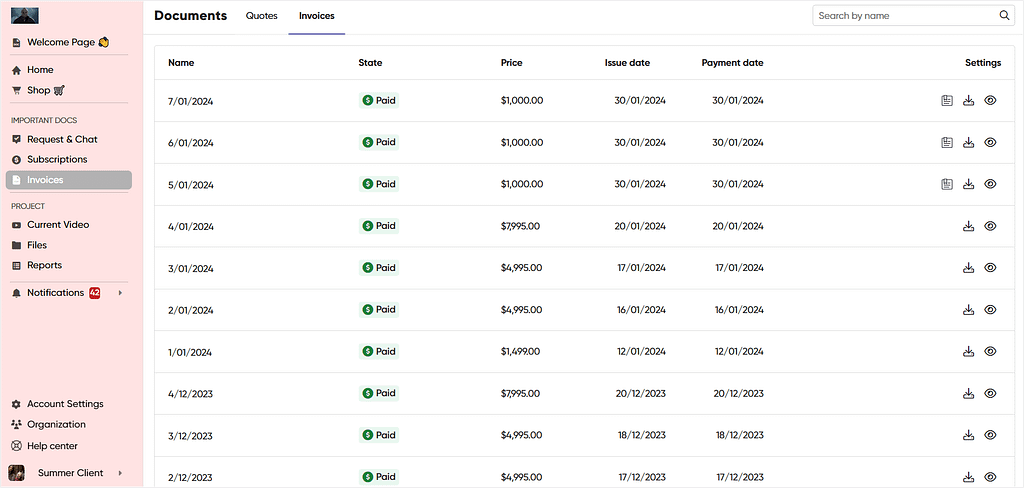 Zendo: a client portal software for web designers: documents tab showing all client's invoices