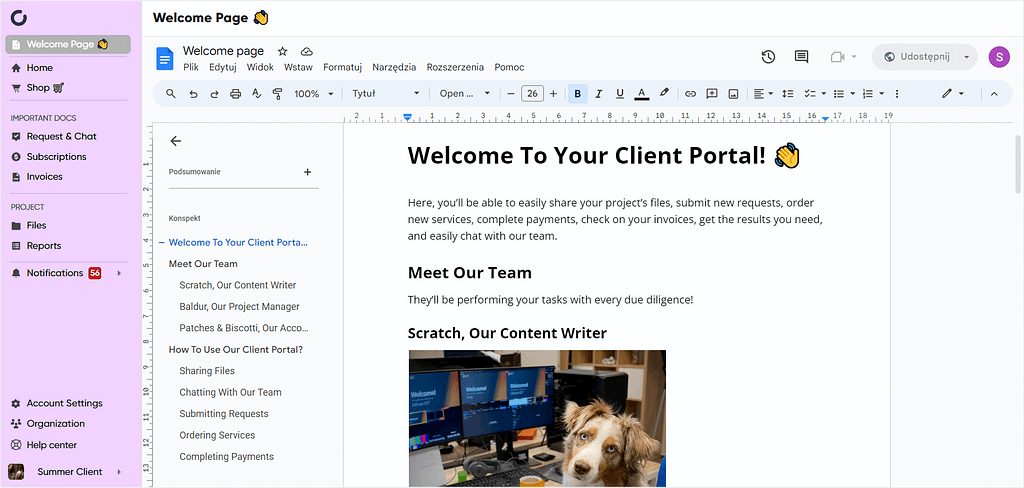 Customized client portal in Zendo