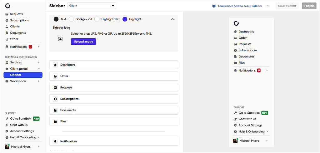 Default client portal elements in Zendo