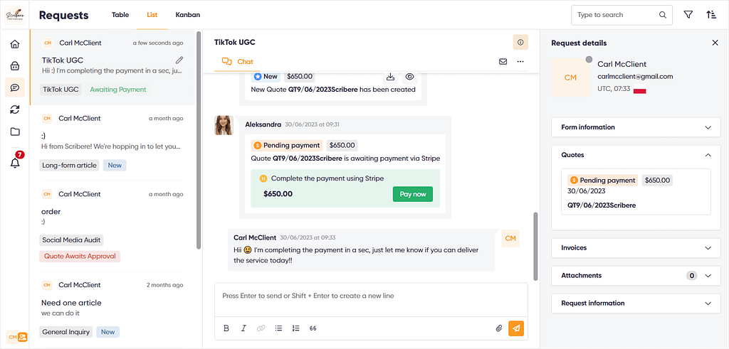 Zendo’s real-time chat; client POV