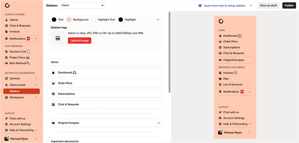 Sidebar customization in Zendo's client portal